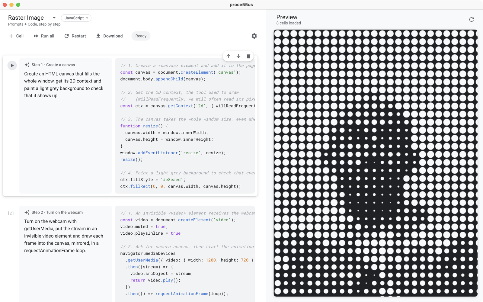The PROCE55US app: prompts and code cells on the left, live preview on the right
